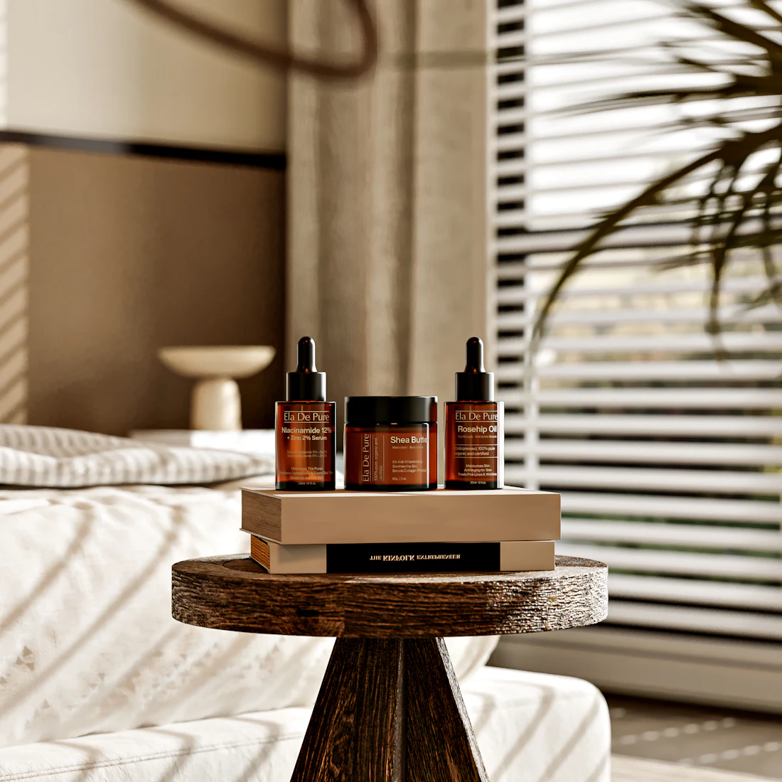 Amber skincare bottles on a wooden side table in a calm, sunlit room