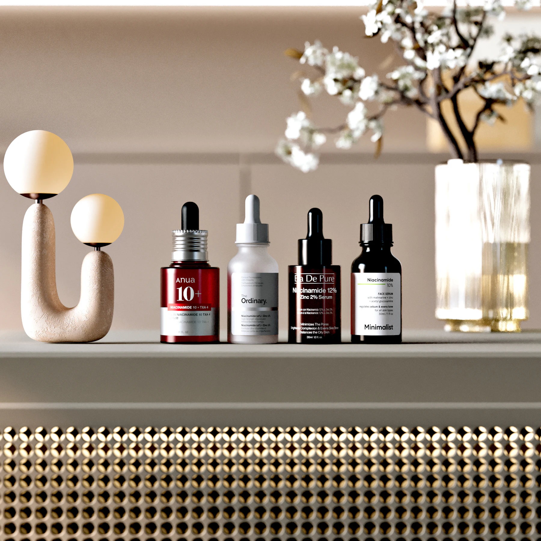 Minimal shelf with amber skincare bottles and fresh flowers